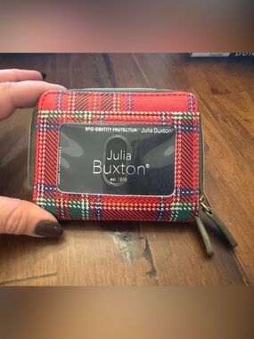 Brand New Julia Buxton Red Plaid RFID Double Zip Card Case Wallet